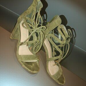 Marciano Green Suede Lace-Up Block Heel Sandals,